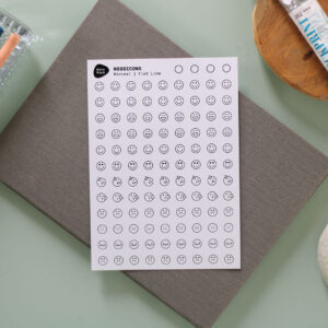 Scene Product Photography Moodicons Sticker Sheet – Minimal style on creative work desk with notebook, pencils and paint