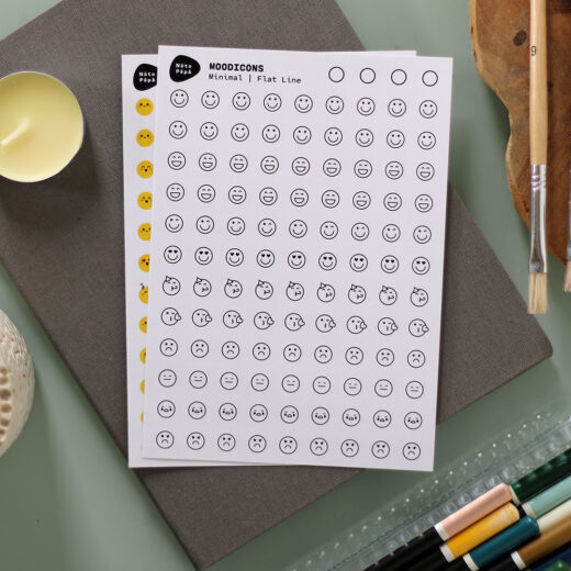 Scene Product Photography Moodicons Sticker Sheet – Cute & Minimal style on creative work desk with notebook, pencils and brushes