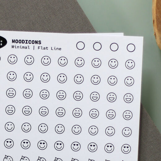 Detail Product Photography Moodicons Sticker Sheet – Minimal style on creative work desk with notebook