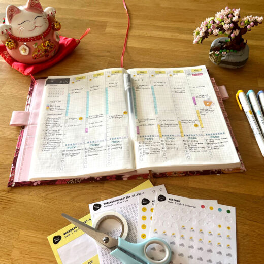 Scene Product Photography real use of Moodicons, Weather Icons and Weekday Sticker Sheet Cute style on wooden desk with notebook, ceramic lucky cat and bonsai lego