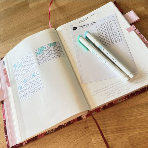 Scene Photography real use of Monthly Habit Tracker Sticker Sheet in a Hobonichi planner on wooden desk with markers