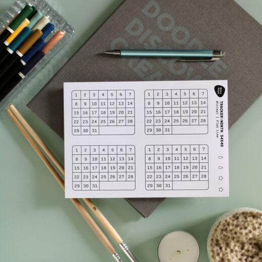 Scene Photography of Monthly Habit Tracker Sticker Sheet on creative modern desk with pencils and brushes