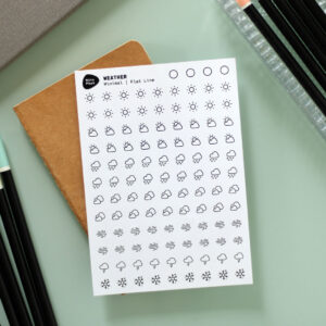 Product Photography Weather Sticker Sheet – Minimal style on creative desk with sketchbook, planner and pencils