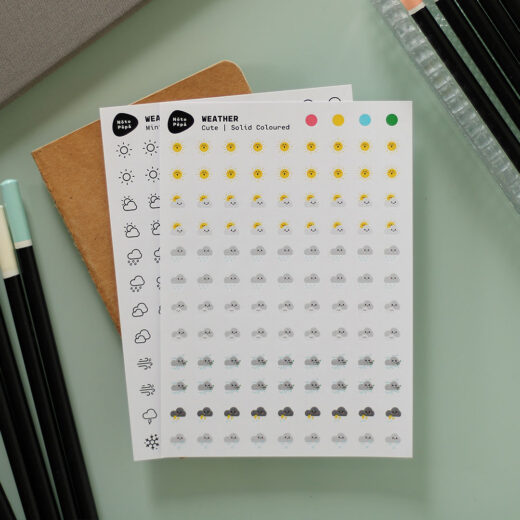 Scene Product Photography Weather Sticker Sheet – Minimal & Cute style on creative desk with notebook, sketchbook and pencils