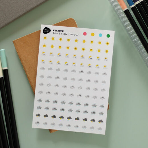 Scene Product Photography Weather Sticker Sheet – Cute style on creative desk with notebook, sketchbook and pencils