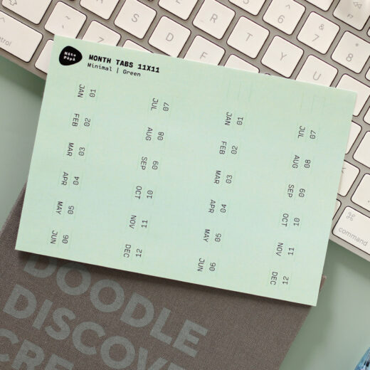 Noto Pepa Minty Green verkorte maandtabs stickervel van dichterbij voor twee jaar op een bullet journal-notitieboekje op het bureau met toetsenbord