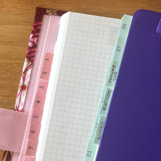 Noto Pepa Minty Green & Peachy Pink Maand Tabs Stickervel, echt gebruik houten bureau, paars notitieboekje met roze bloemen hoes hobonichi