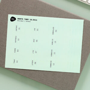 Noto Pepa Minty Green Month Tabs Stickersheet for a year on work desk bullet journal