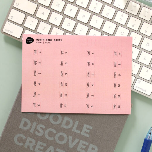 Noto Pepa Peachy Pink Abbreviated Month Tabs Stickersheet Cute style on work desk and notebook with keyboard and pen