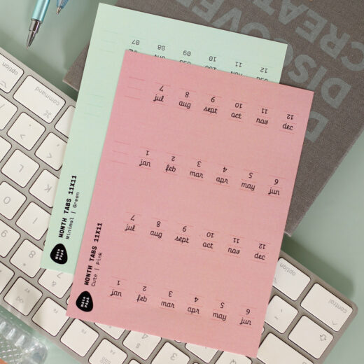 Noto Pepa Minty Green & Peachy Pink Abbreviated Month Tabs Stickersheet Modern & Cute style on work desk and notebook with keyboard