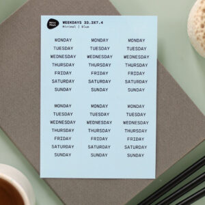 Noto Pepa Baby Blue Weekdays Stickersheet Minimal style on work desk with coffee and pencils